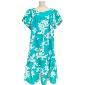 Vintage Teal Floral Hawaiian Muumuu Dress M/L